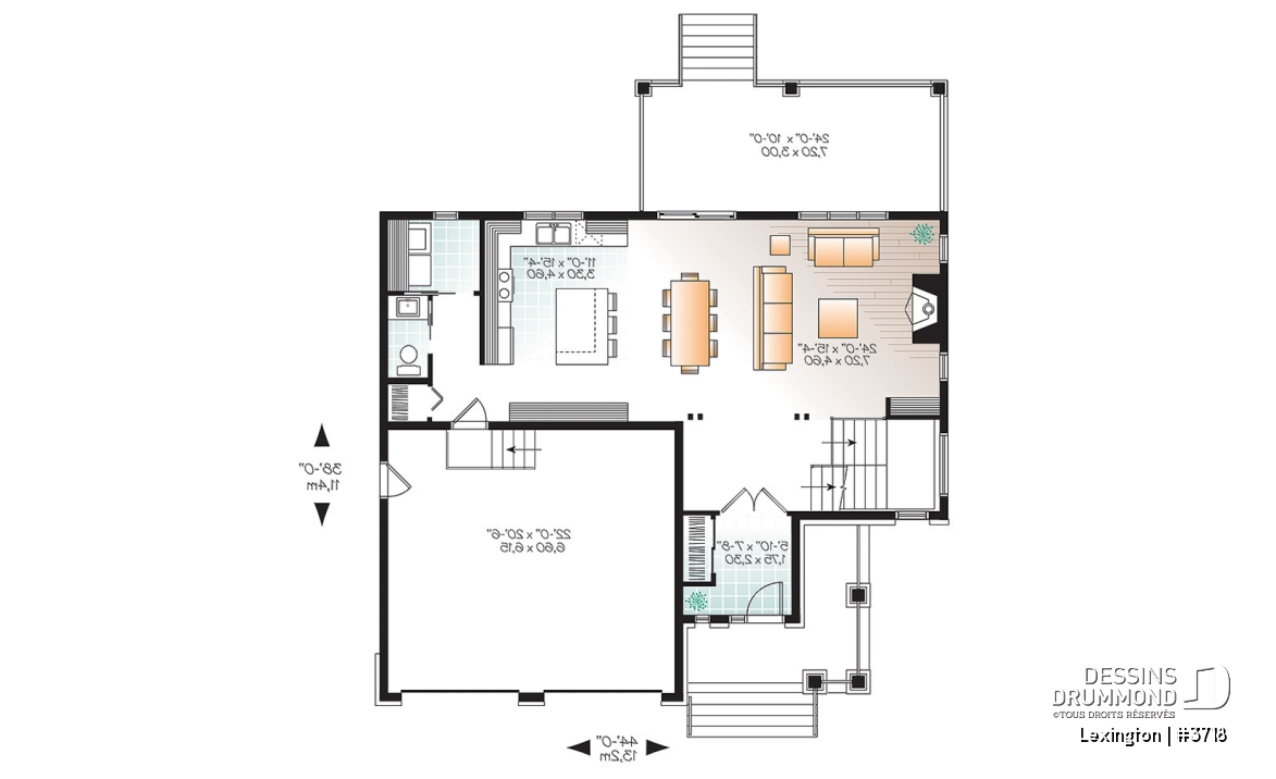 Rez-de-chaussée - Plan de maison moderne rustique, garage double, 4 chambres, aire ouverte, foyer, terrasse abritée - Lexington