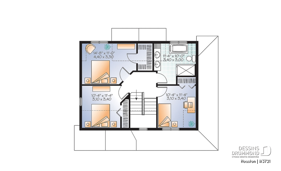 Étage - Plan de maison style transitionnel, grand vestibule, buanderie, grand îlot, 3 chambres, galerie 2 faces - Houston