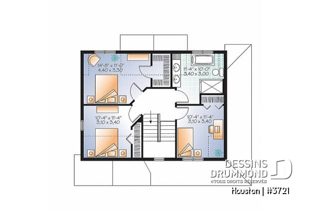 Étage - Plan de maison style transitionnel, grand vestibule, buanderie, grand îlot, 3 chambres, galerie 2 faces - Houston
