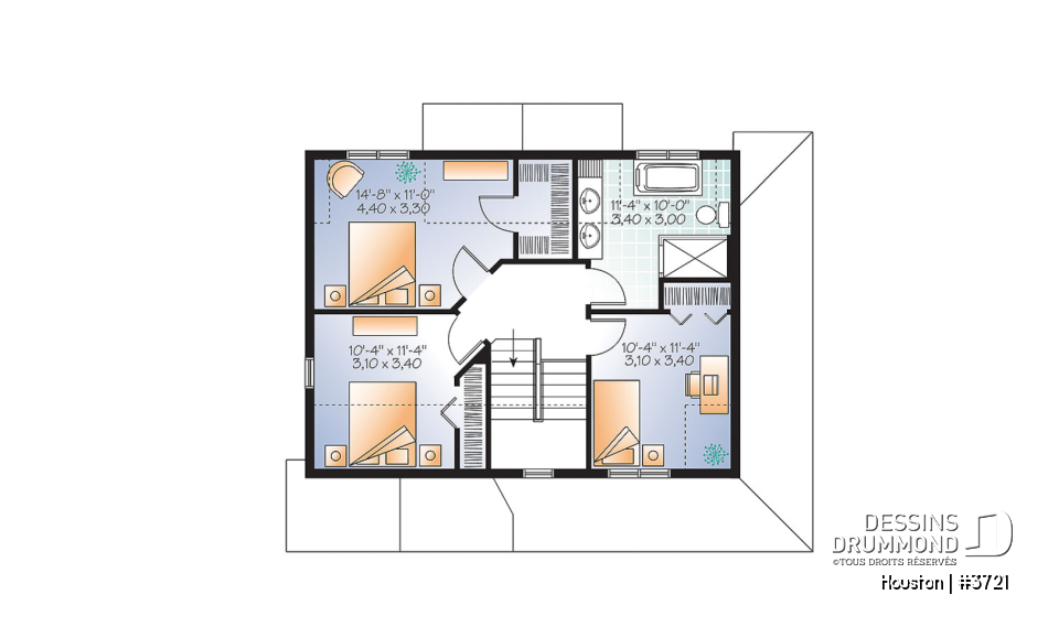 Étage - Plan de maison style transitionnel, grand vestibule, buanderie, grand îlot, 3 chambres, galerie 2 faces - Houston