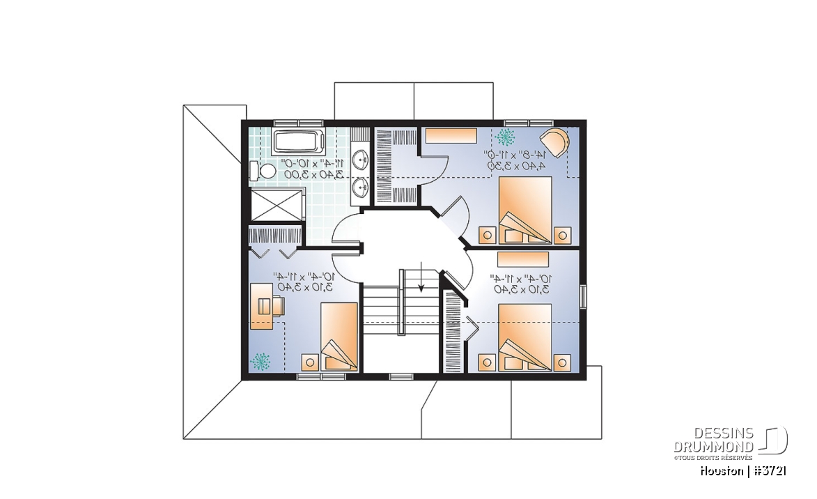 Étage - Plan de maison style transitionnel, grand vestibule, buanderie, grand îlot, 3 chambres, galerie 2 faces - Houston