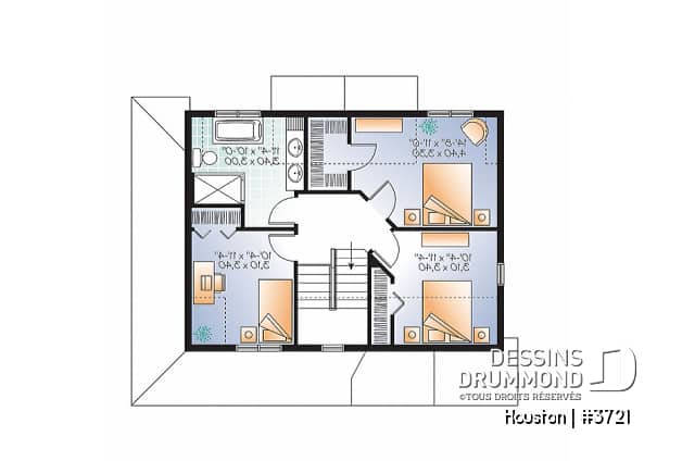 Étage - Plan de maison style transitionnel, grand vestibule, buanderie, grand îlot, 3 chambres, galerie 2 faces - Houston