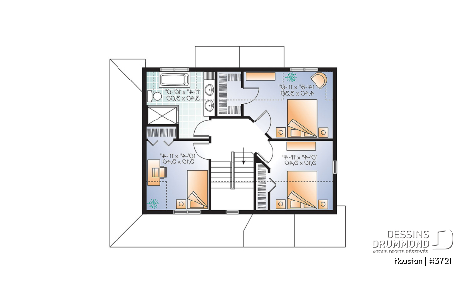 Étage - Plan de maison style transitionnel, grand vestibule, buanderie, grand îlot, 3 chambres, galerie 2 faces - Houston