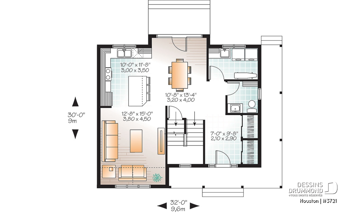 Rez-de-chaussée - Plan de maison style transitionnel, grand vestibule, buanderie, grand îlot, 3 chambres, galerie 2 faces - Houston