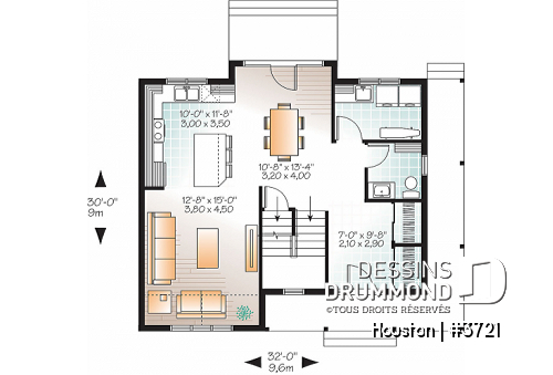 Rez-de-chaussée - Plan de maison style transitionnel, grand vestibule, buanderie, grand îlot, 3 chambres - Houston
