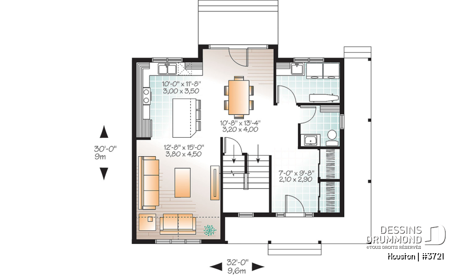 Rez-de-chaussée - Plan de maison style transitionnel, grand vestibule, buanderie, grand îlot, 3 chambres, galerie 2 faces - Houston