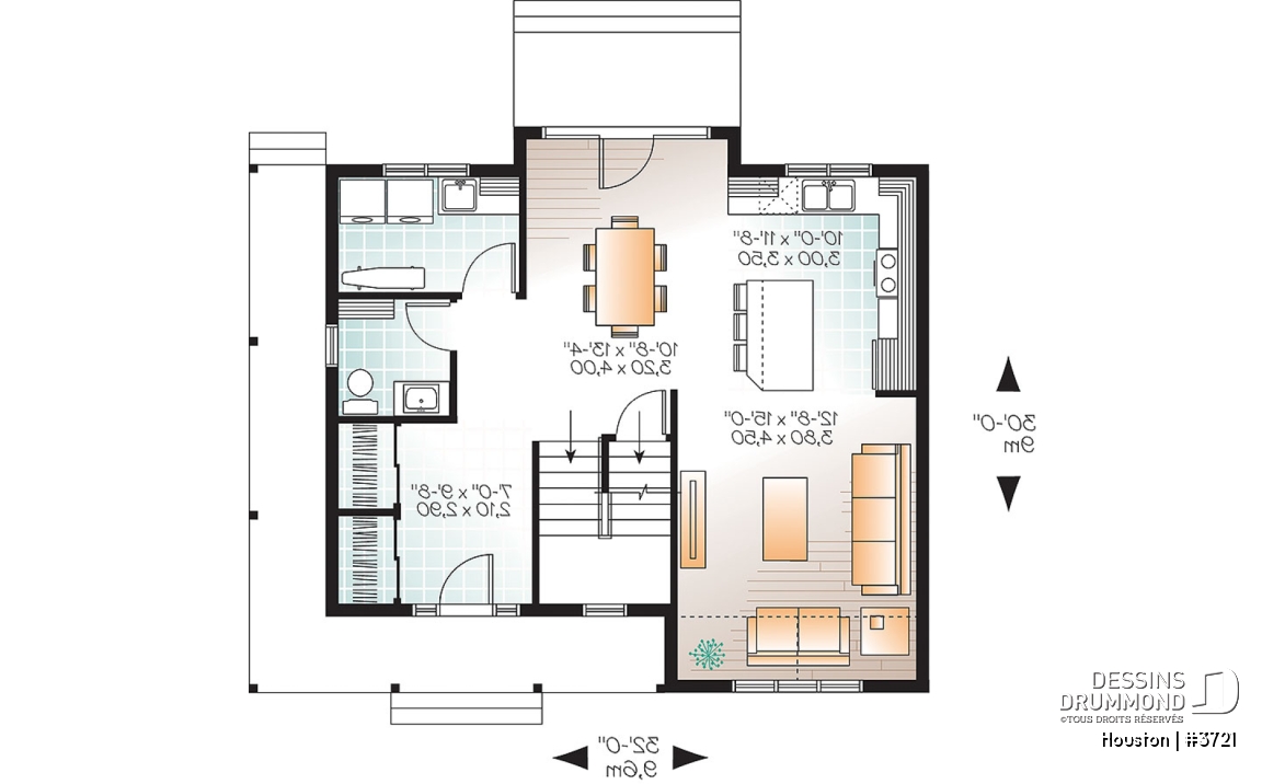 Rez-de-chaussée - Plan de maison style transitionnel, grand vestibule, buanderie, grand îlot, 3 chambres, galerie 2 faces - Houston
