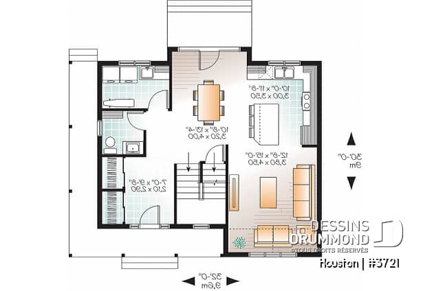Rez-de-chaussée - Plan de maison style transitionnel, grand vestibule, buanderie, grand îlot, 3 chambres, galerie 2 faces - Houston