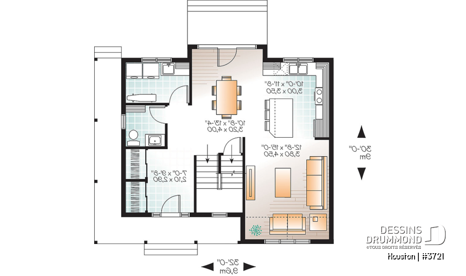 Rez-de-chaussée - Plan de maison style transitionnel, grand vestibule, buanderie, grand îlot, 3 chambres, galerie 2 faces - Houston