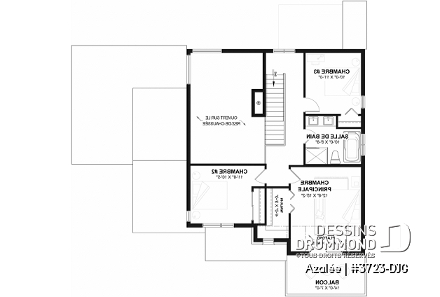 Étage du plan de maison unifamiliale 3723-DJG Étage - Plan de maison Scandinave 3 à 4 chambres, balcon chambre parents, terrasse arrière abritée - Azalée