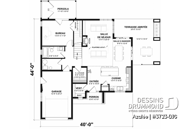 Rez-de-chaussée du plan de maison unifamiliale 3723-DJG Rez-de-chaussée - Plan de maison Scandinave 3 à 4 chambres, balcon chambre parents, terrasse arrière abritée - Azalée
