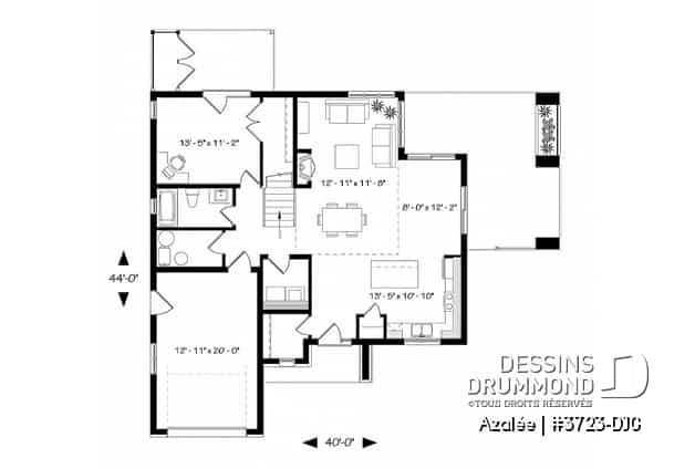 Rez-de-chaussée - Plan de maison Scandinave 3 à 4 chambres, balcon chambre parents, terrasse arrière abritée - Azalée