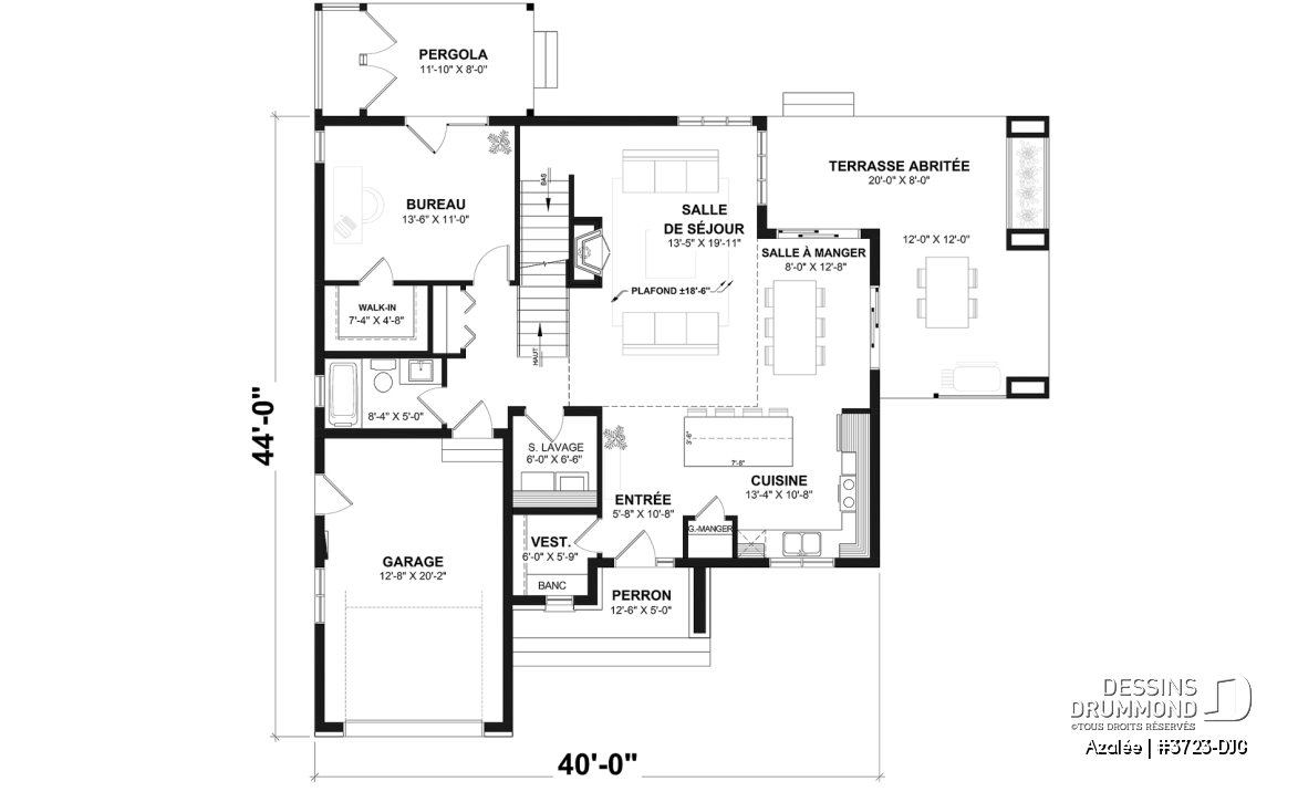 Rez-de-chaussée - Fondation sous-sol (Optionel $) - Modèle de maison Scandinave 3 à 4 chambres, balcon chambre parents, terrasse arrière abritée - Azalée