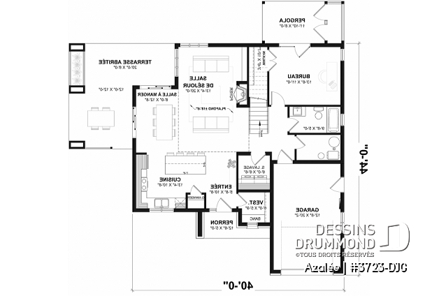 Rez-de-chaussée du plan de maison unifamiliale 3723-DJG Rez-de-chaussée - Plan de maison Scandinave 3 à 4 chambres, balcon chambre parents, terrasse arrière abritée - Azalée