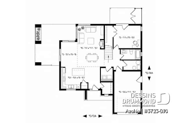 Rez-de-chaussée - Plan de maison Scandinave 3 à 4 chambres, balcon chambre parents, terrasse arrière abritée - Azalée