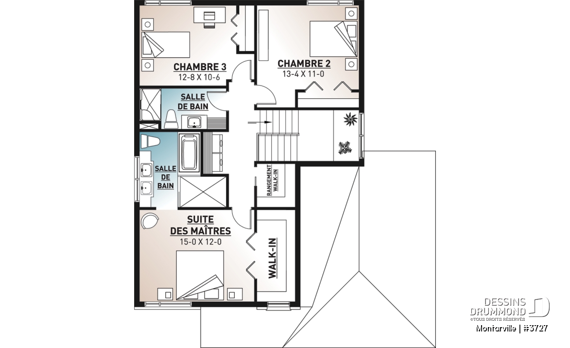 Étage - Plan de maison moderne à étage avec garage, 3 chambres + bureau, garde-manger, îlot - Montarville