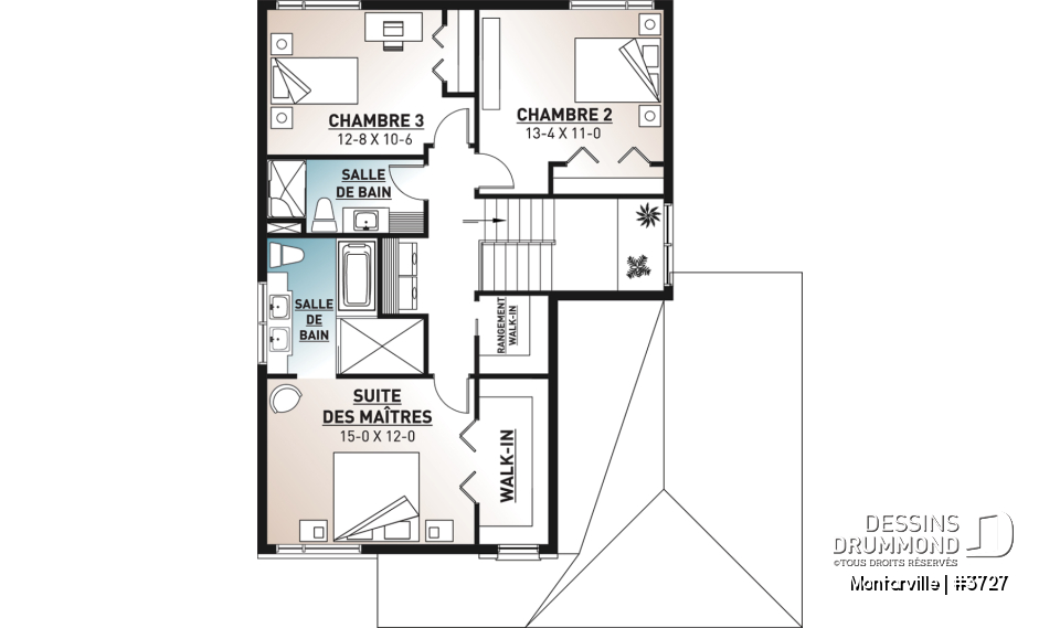 Étage - Plan de maison moderne à étage avec garage, 3 chambres + bureau, garde-manger, îlot - Montarville