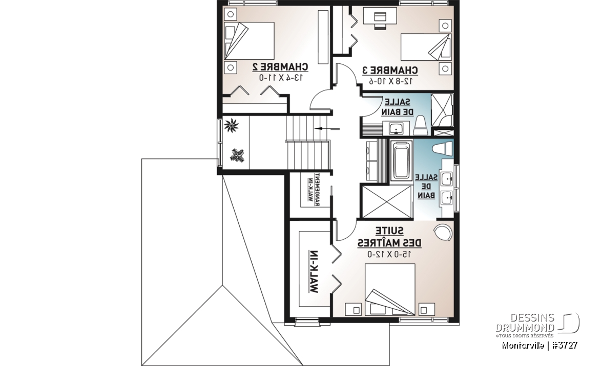 Étage - Plan de maison moderne à étage avec garage, 3 chambres + bureau, garde-manger, îlot - Montarville