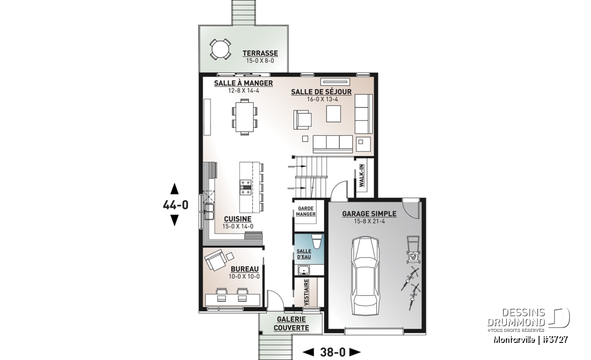 Rez-de-chaussée - Plan de maison moderne à étage avec garage, 3 chambres + bureau, garde-manger, îlot - Montarville