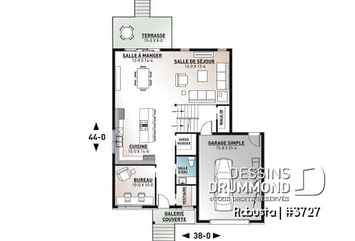 Rez-de-chaussée - Plan de maison moderne à étage avec garage, 3 chambres + bureau, garde-manger, îlot - Montarville