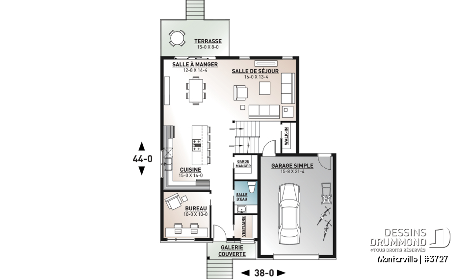 Rez-de-chaussée - Plan de maison moderne à étage avec garage, 3 chambres + bureau, garde-manger, îlot - Montarville