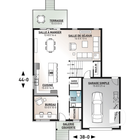 Rez-de-chaussée - Plan de maison moderne à étage avec garage, 3 chambres + bureau, garde-manger, îlot - Montarville