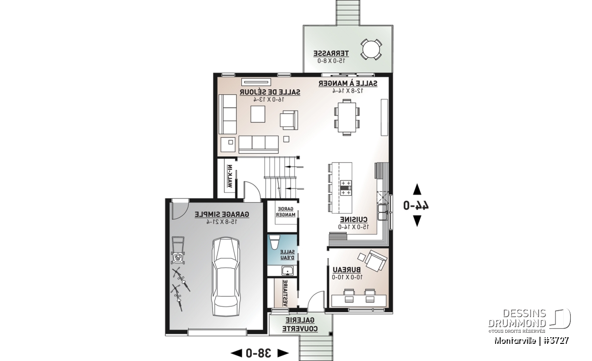 Rez-de-chaussée - Plan de maison moderne à étage avec garage, 3 chambres + bureau, garde-manger, îlot - Montarville