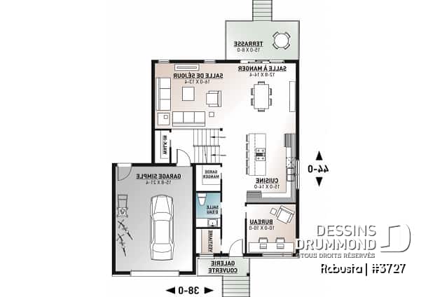 Rez-de-chaussée - Plan de maison moderne à étage avec garage, 3 chambres + bureau, garde-manger, îlot - Montarville