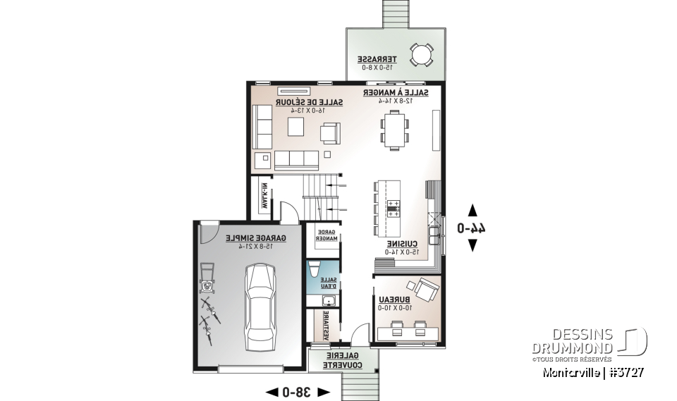 Rez-de-chaussée - Plan de maison moderne à étage avec garage, 3 chambres + bureau, garde-manger, îlot - Montarville