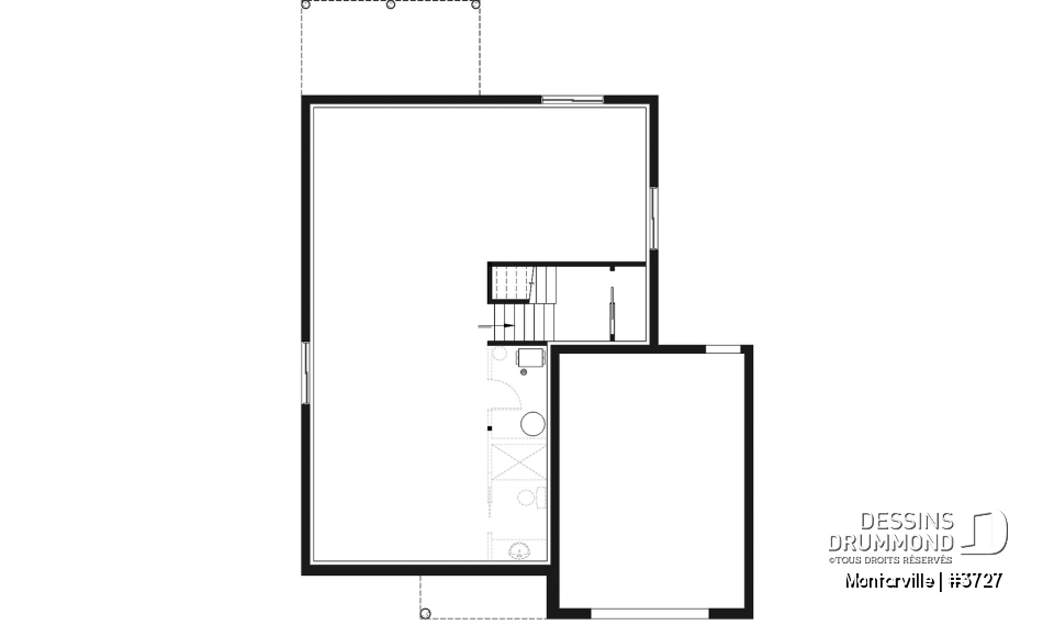 Sous-sol - Plan de maison moderne à étage avec garage, 3 chambres + bureau, garde-manger, îlot - Montarville