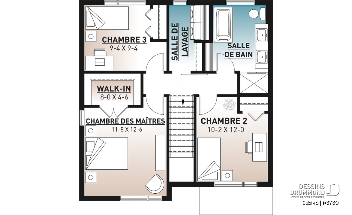 Étage - Plan de maison contemporaine abordable à étage, 3 chambres, salle de lavage à l'étage, garde-manger - Cubika