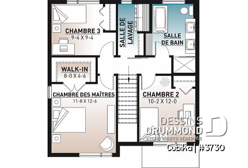 Étage - Plan de petite maison contemporaine 2 étages, 3 chambres, salle de lavage à l'étage, garde-manger - Cubika