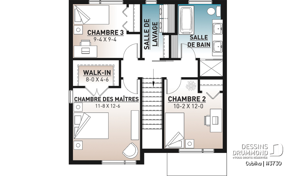 Étage - Plan de maison contemporaine abordable à étage, 3 chambres, salle de lavage à l'étage, garde-manger - Cubika