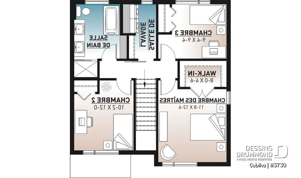 Étage - Plan de maison contemporaine abordable à étage, 3 chambres, salle de lavage à l'étage, garde-manger - Cubika