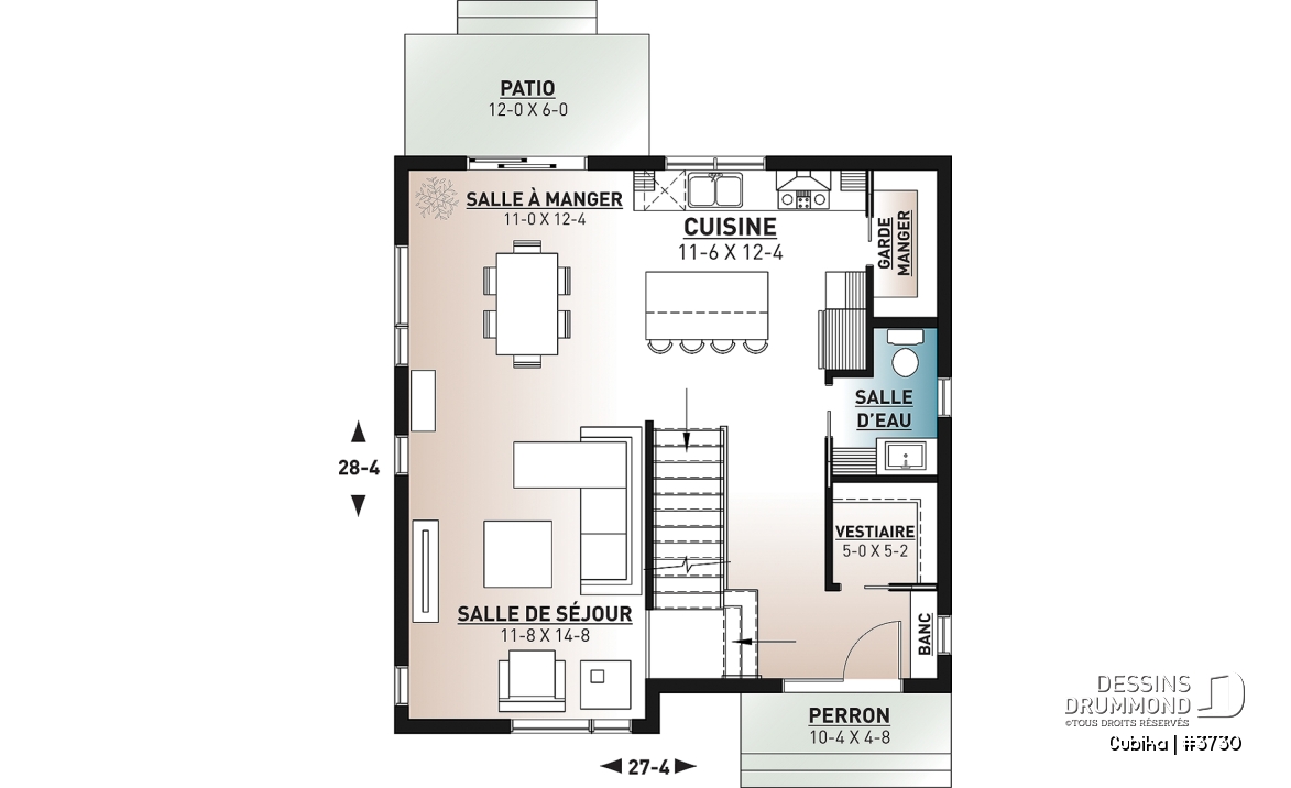 Rez-de-chaussée - Plan de maison contemporaine abordable à étage, 3 chambres, salle de lavage à l'étage, garde-manger - Cubika