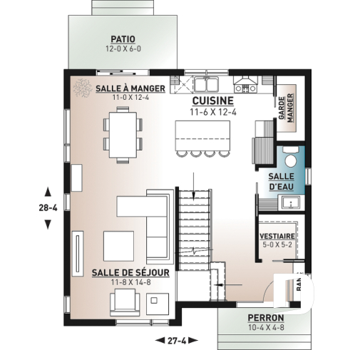 Rez-de-chaussée - Plan de maison contemporaine abordable à étage, 3 chambres, salle de lavage à l'étage, garde-manger - Cubika