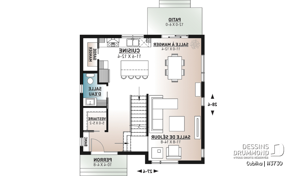 Rez-de-chaussée - Plan de maison contemporaine abordable à étage, 3 chambres, salle de lavage à l'étage, garde-manger - Cubika