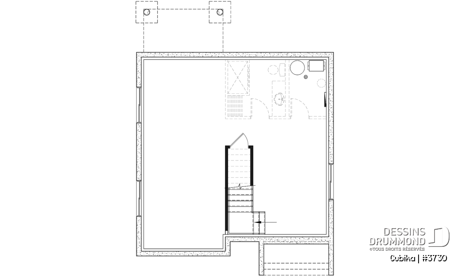 Sous-sol - Plan de maison contemporaine abordable à étage, 3 chambres, salle de lavage à l'étage, garde-manger - Cubika
