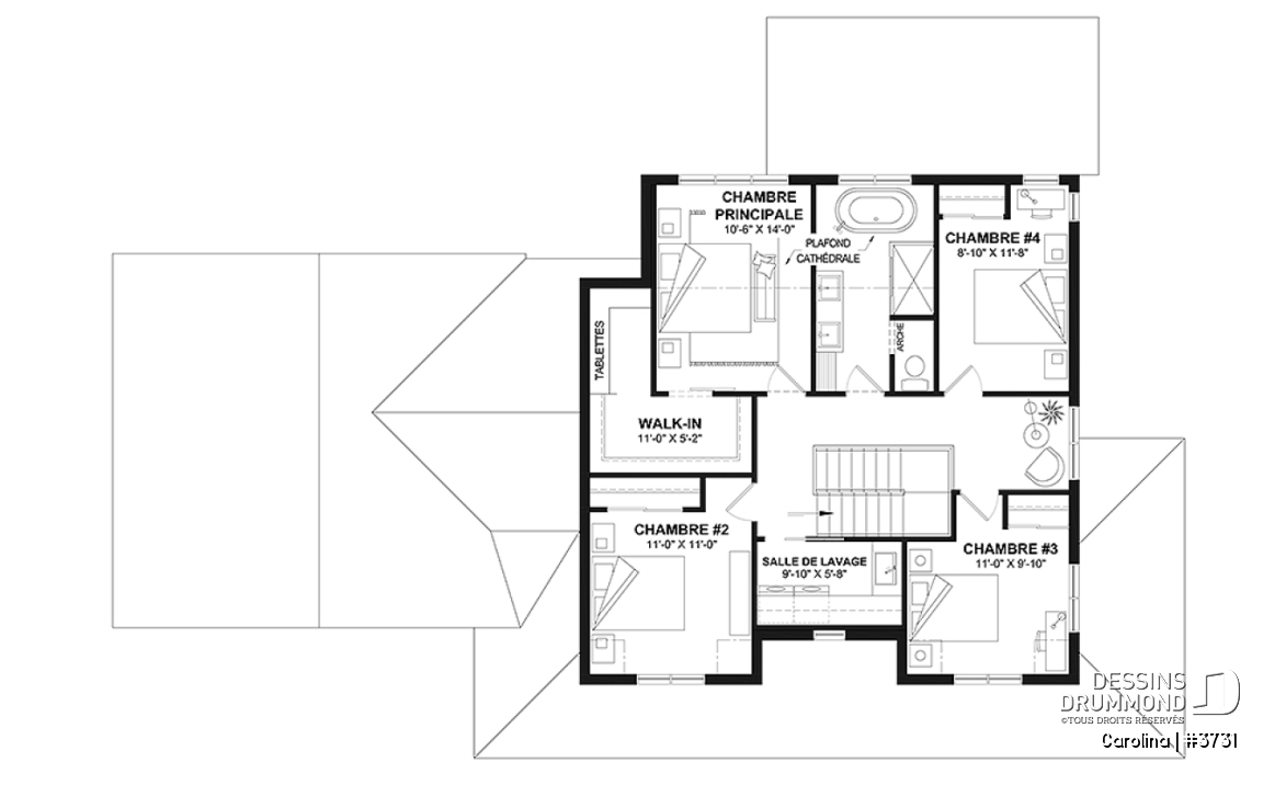Étage - Modèle de grande Farmhouse à étage, avec garage double et 4 à 6 chambres, rez-de-jardin aménagé - Carolina