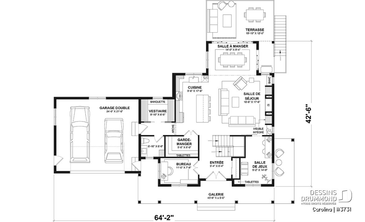 Rez-de-chaussée - Modèle de grande Farmhouse à étage, avec garage double et 4 à 6 chambres, rez-de-jardin aménagé - Carolina