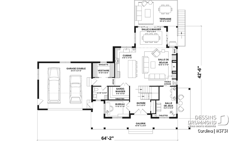 Rez-de-chaussée - Modèle de grande Farmhouse à étage, avec garage double et 4 à 6 chambres, rez-de-jardin aménagé - Carolina