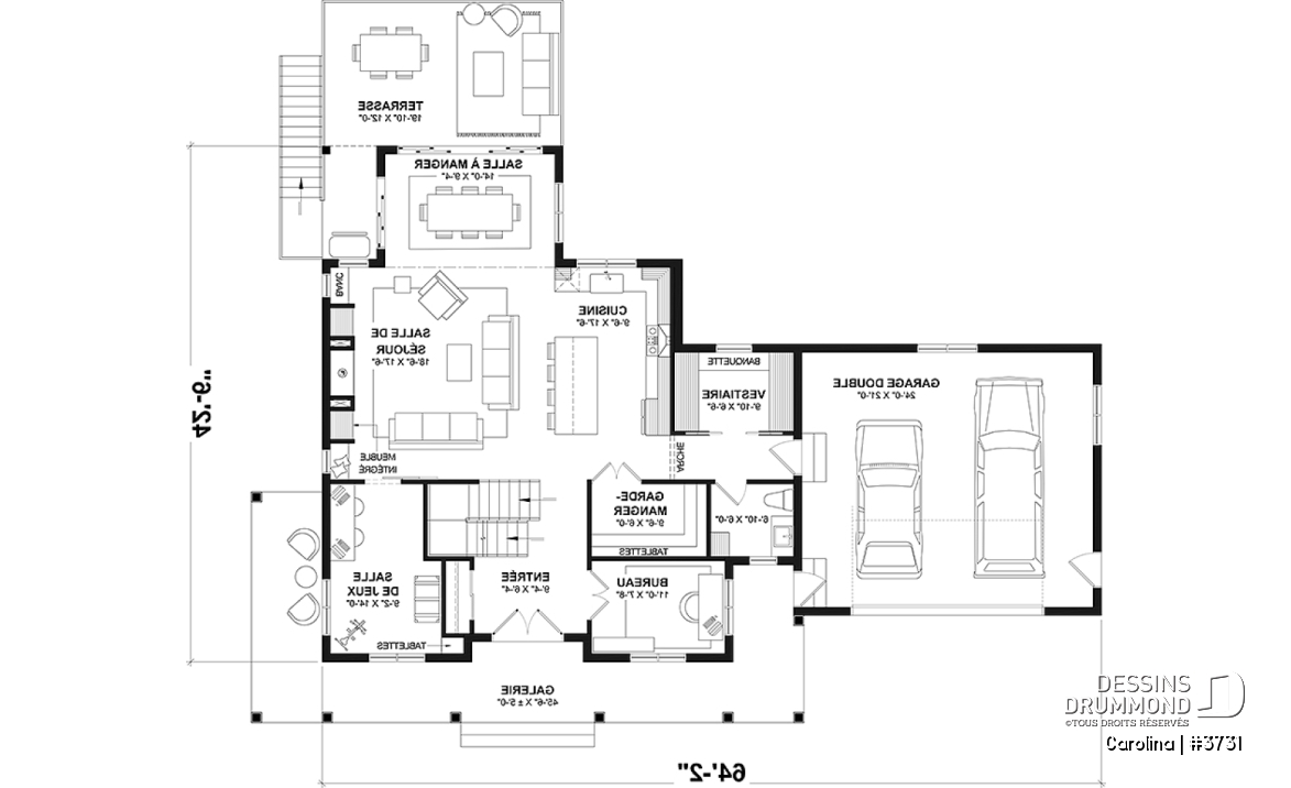 Rez-de-chaussée - Modèle de grande Farmhouse à étage, avec garage double et 4 à 6 chambres, rez-de-jardin aménagé - Carolina