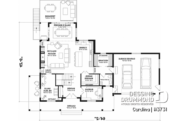 Rez-de-chaussée - Plan de maison Farmhouse à étage, avec garage double et 4 à 6 chambres, rez-de-jardin aménagé - Carolina