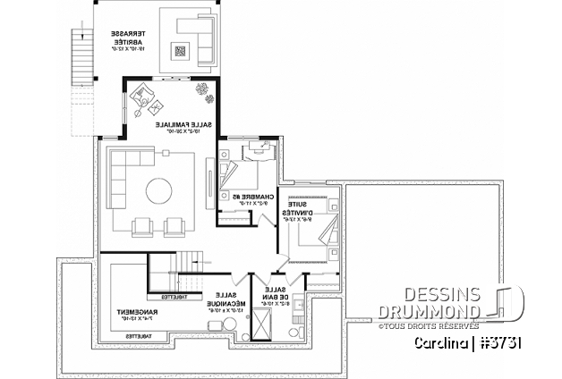 Sous-sol - Plan de maison Farmhouse à étage, avec garage double et 4 à 6 chambres, rez-de-jardin aménagé - Carolina