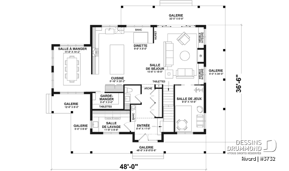 Rez-de-chaussée - Modèle de farmhouse 4 chambres, galerie sur 4 faces, salle de jeux, espace 2 bureaux - Rivard
