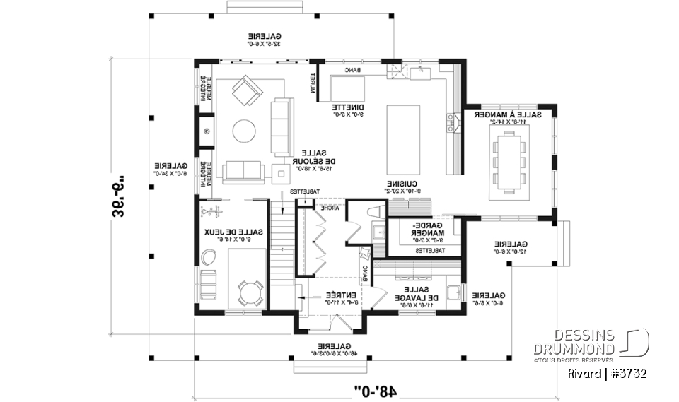 Rez-de-chaussée - Modèle de farmhouse 4 chambres, galerie sur 4 faces, salle de jeux, espace 2 bureaux - Rivard