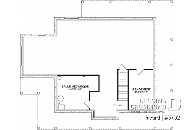 Sous-sol aménageable du plan de maison unifamiliale 3732 Sous-sol aménageable - Modèle de farmhouse 4 chambres, galerie sur 4 faces, salle de jeux, espace 2 bureaux - Rivard