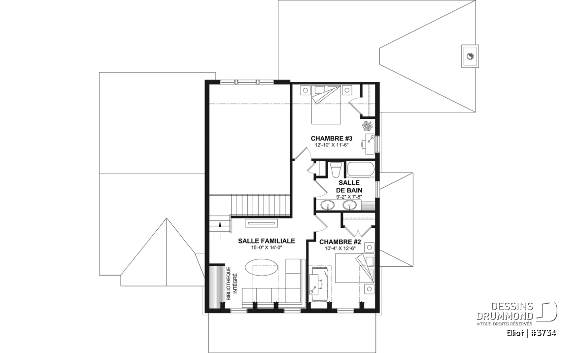 Étage - Plan de maison cottage lumineux avec 3 chambres, plafond 18'4" et sous-sol évolutif - Elliot