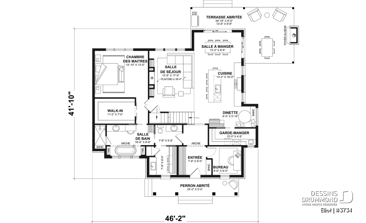 Rez-de-chaussée - Plan de maison cottage lumineux avec 3 chambres, plafond 18'4" et sous-sol évolutif - Elliot