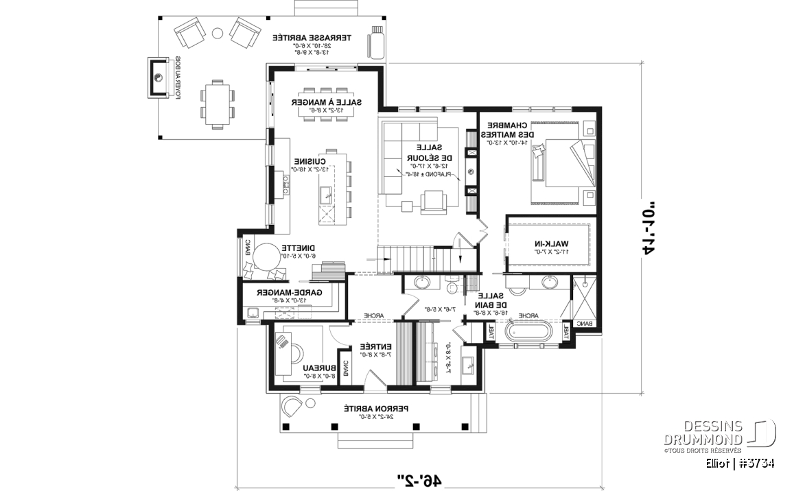 Rez-de-chaussée - Plan de maison cottage lumineux avec 3 chambres, plafond 18'4" et sous-sol évolutif - Elliot